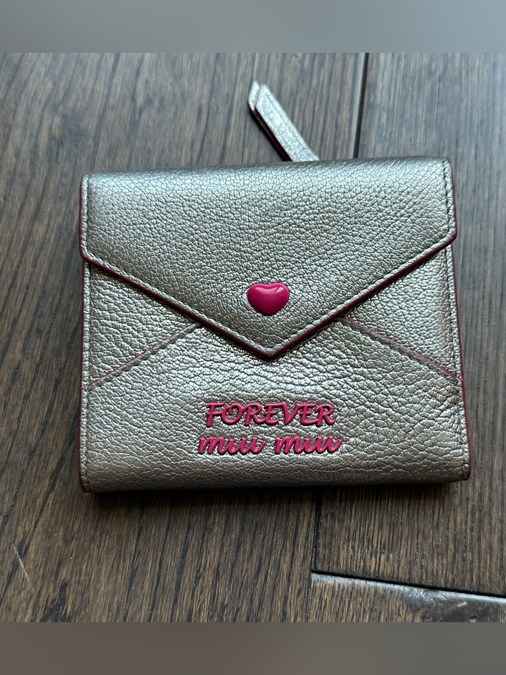 MIU MIU Madras Love Letter Trifold Wallet Compact Leather heart Silver